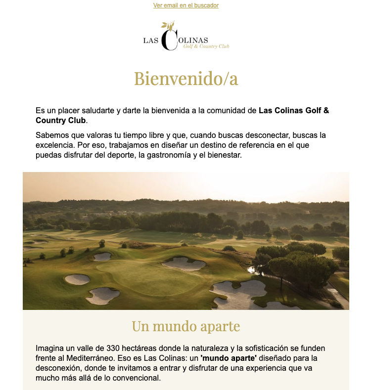 Email de bienvenida automático de Las Colinas Golf & Country Club en Mailchimp, con la bienvenida automática conectada a sus sistemas de reservas